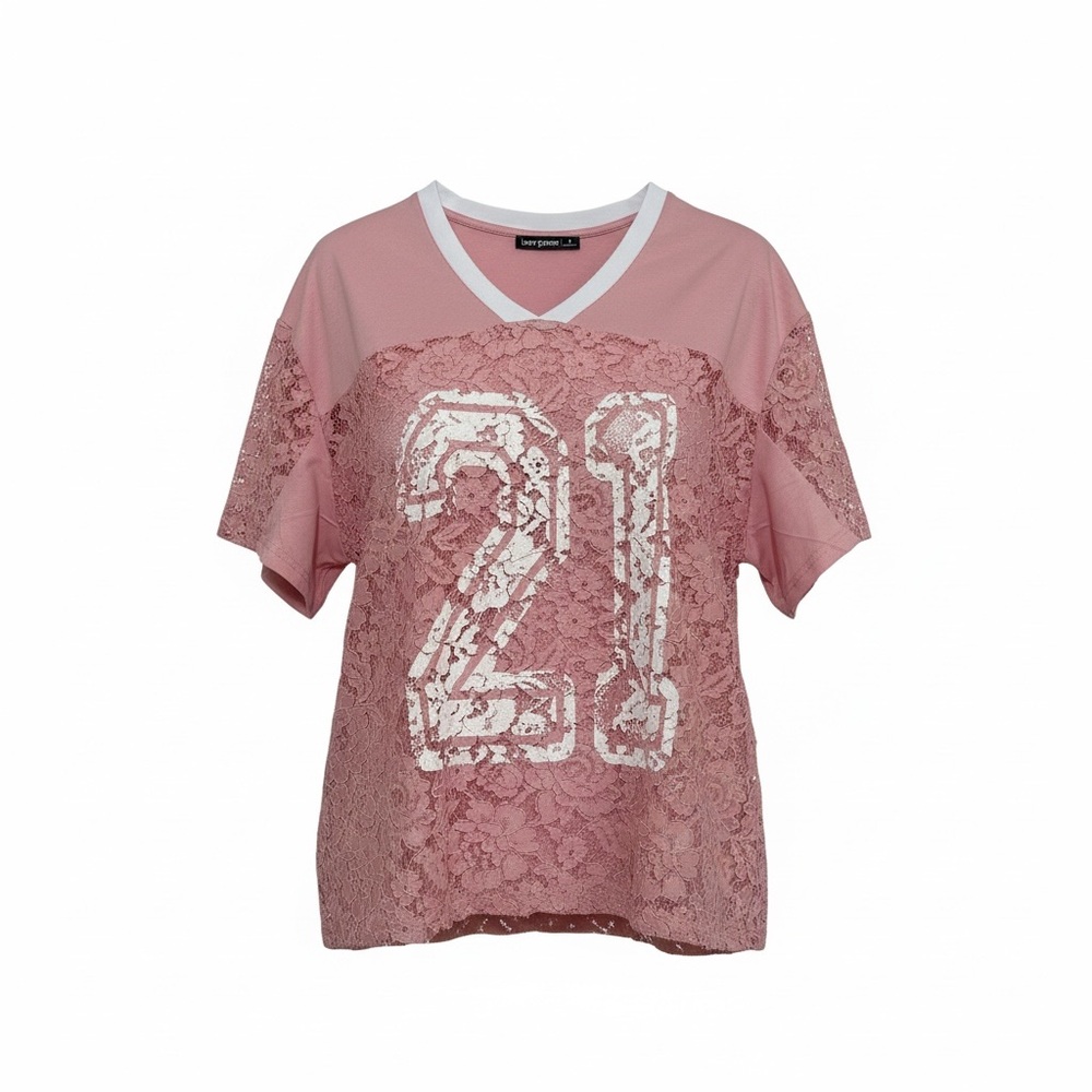 Pink Lace V-Neck Jersey with White '21' Graphic